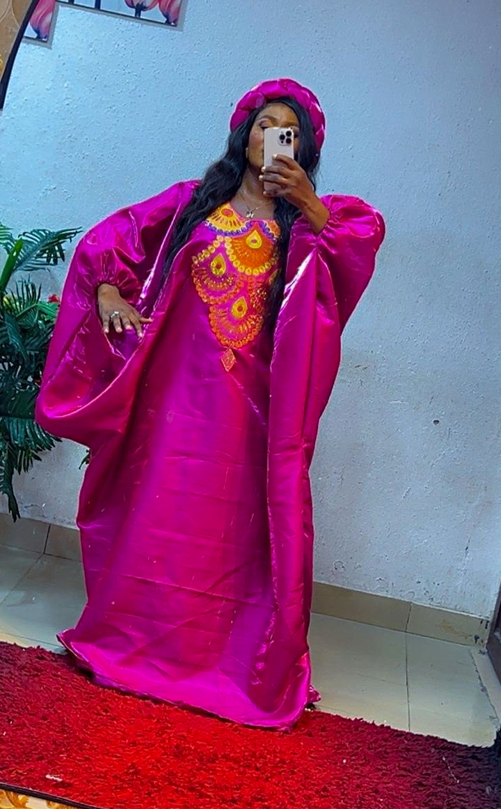 Women's One Size Pink Satin Embroidered Kaftan Maxi Dress Oversized Round Neck